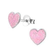 Heart Earrings 925 Silver Stud Earrings with Light Pink Glitter Epoxy - £11.20 GBP