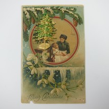 Antique Christmas Postcard Mother Daughter Snowy Tree 3D Novelty Attached 1908 - £15.98 GBP