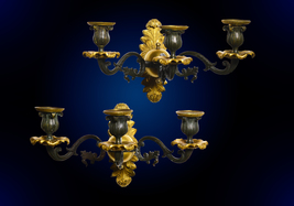 Pair Antique Neoclassical Gilt Bronze w Patina Sconces 3 light Wall Cand... - £439.64 GBP