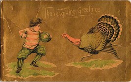 Vintage Postcard Thanksgiving Greetings Turkey Boy Football Player Unposted - $5.99