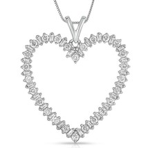 0.75Ct Round &amp; Baguette Diamond Solid Sterling Silver Open Heart Pendant Chain - £67.81 GBP