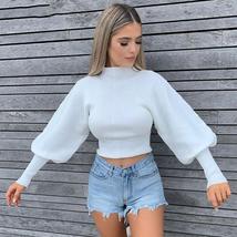 High Collar Lantern Sleeve Knitted Pullovers Sweater - £15.97 GBP