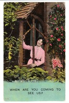 Vintage Postcard Pretty Woman at Door When Are You Coming to See Us 1912 - £6.32 GBP