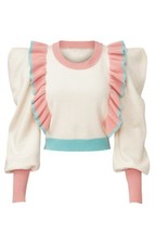 Love Shack Fancy Greece Ruffle Crop Sweater Pink Blue Sz M Cashmere &amp; Wool - £108.01 GBP