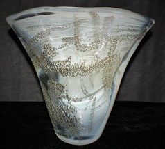 Elegant Hand Blown White and Clear Glass Gold Bubble Art Flared Vase, Signed - £113.87 GBP