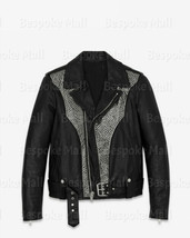 New Men&#39;s Black Silver Studded Punk Rock Cowhide Biker Leather Jacket Belted-700 - £235.70 GBP