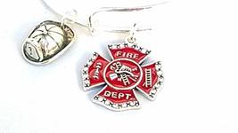 Firefighter Helmet &amp; Maltese Cross Charm Bracelet Bangle Adjustable Fireman Wife - £15.48 GBP