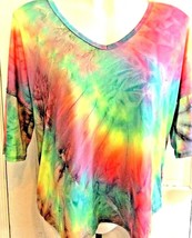 Neon Tie Dye 3/4 Sleeve Knit T-Shirt Top Med Jodifi Fierce Spirit Silky ... - £18.59 GBP