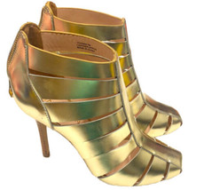 JAY ADONI Viviana Women Metallic Gold Leather Caged Heels Booties Size 7 M - £16.49 GBP