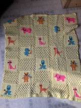 Vtg Granny Square Afghan Crochet Blanket 42 X 42 Handmade Embroidered Animals - £44.55 GBP