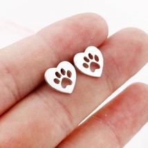 Tiny Paw Print Heart Post Earrings Dog Cat Love Pet Owner Silver Plate Stainless - £6.35 GBP