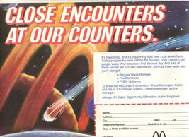 McDonald's Close Encounters at Our Counters Employment Placemat 1985 - $13.86