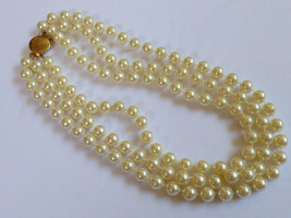 VTG 3 strand white pearl faux 10 mm beads necklace gold tone clasp 17&quot; Cascade - £27.69 GBP