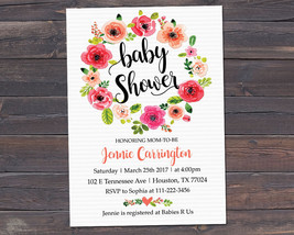 Baby Shower Invitation, Watercolor Flowers Invitation - £6.24 GBP