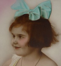 RPPC Vintage Hand-Colored Adorable Little Girl With Big Blue Bow in Her Hair - £7.59 GBP