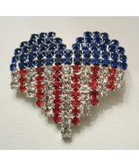 HEART FLAG PATTERN  BROOCH  PIN PATRIOTIC USA RED WHITE AND BLUE RHINESTONE - £13.42 GBP