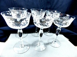VTG 6 pc Crystal Optic Paneled Glass Etched footed Cordial Goblets Glass... - $54.45