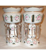 TWO (2) MANTLE LUSTER Handpainted CASED GLASS Overlay Green w/ PRISMS - €334,34 EUR