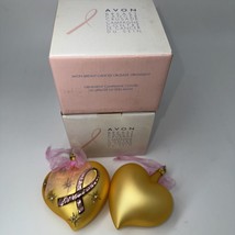 2 Vtg Avon Breast Cancer Crusade Glass Gold Heart Christmas Ornament Awareness - £20.29 GBP