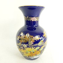 Vase Cobalt Blue Porcelain Oriental Japanese Hand Painted Vintage 10.5&quot; - £43.48 GBP