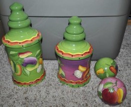 Kitchen Canisters Salt Pepper Shaker Set 4 Pc Ceramic Pottery by Gates Green  - £7.12 GBP