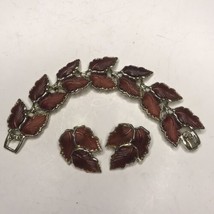 Vintage Thermoset Leaf Motif Bracelet and Earrings Set Gold Tone - £22.33 GBP