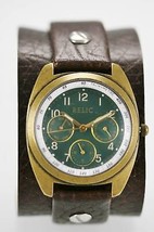 Relic Reloj Hombre Verde Día Fecha 24hr Inoxidable Acero Oro Piel Marrón Cuarzo - £27.80 GBP