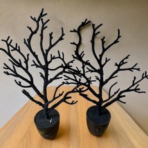 Lot Of 2 Gothic Halloween Flocked Black Branch 16” Trees For Decor Or Jewelry - £19.77 GBP