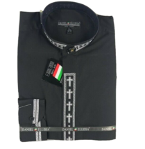 Daniel Ellissa Men&#39;s Clergy Shirt Black with White Cross Embroidery Fren... - $33.99