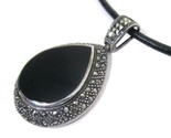 Black Onyx Marcasite Teardrop Pendant Necklace 925 Sterling Silver  ATI ... - £27.65 GBP