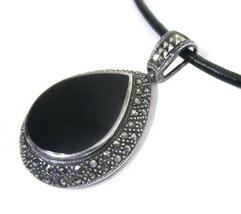 Black Onyx Marcasite Teardrop Pendant Necklace 925 Sterling Silver  ATI THAI vtg - £27.33 GBP