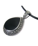 Black Onyx Marcasite Teardrop Pendant Necklace 925 Sterling Silver  ATI ... - £27.33 GBP