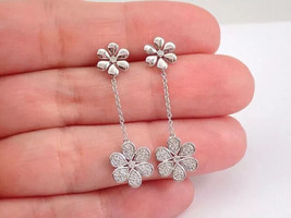 2Ct Round cut Real Moissanite Flower Drop/Dangle Earring 14k White Gold Plated - £214.72 GBP