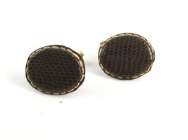 Goldtone &amp; Dark Brown Leather Top Cufflinks Not Signed - $18.99