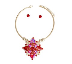 Red Purple AB Crystal Rhinestone Filigree Flower Collar Gold Plated Necklace Set - £51.70 GBP
