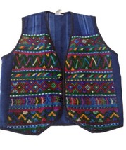 Handmade Ethnic Embroidered Denim Vest Boys Size 4 Thick Colorful Button... - $18.99