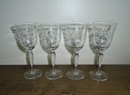 Etched Wine Glasses Vintage Clear 6 1/2&quot; Set of Four Cut Flowers - £19.42 GBP