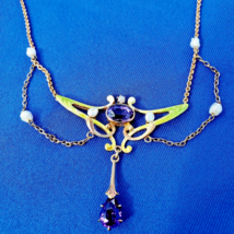 Diamond Amethyst Nouveau Necklace Antique KREMENTZ Deco Guilloche Enamel 14k - $4,460.25