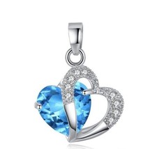 Silver Plated Necklace &amp; Simulated Amethyst Blue Crystal Pendant Double Hearts - £9.93 GBP