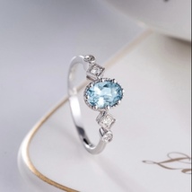 18K White Gold Plated Adjustable Blue Crystal Aquamarine Sapphire Ring for Women - £9.56 GBP