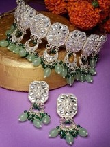 Kundan Studded Gold Plated Mint Green Choker Necklace Set Earrings Jewelry Set - £23.46 GBP