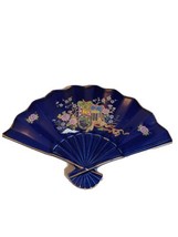 Vintage Cobalt Blue Japanese Fan Porcelain Dish Gold Trim Hand Painted VTG Decor - £17.99 GBP