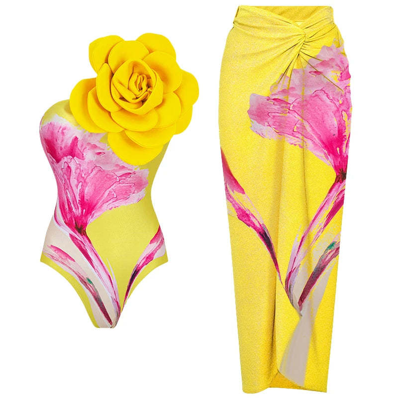2024 3D Flower Printed One Piece Swimsuit Set