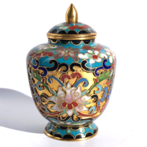 Chinese lotus flower cloisonne ginger jar vase with lid blue gold brass ... - £22.67 GBP