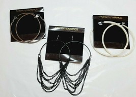 Fashion Earrings Hoops 3 Pair Black Chain Metallic White Marble New #20 - £14.18 GBP