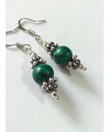 Victorian Malachite silver earrings bohemian green earrings Boho green M... - $47.88 CAD