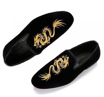 Men's Black Velvet Loafer Slipper Gold Embroidery Dragon Patch Handmade Shoes