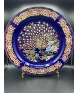 Taous Plate, porcelain, cobalt blue, peacock and flowers, gold. VTG 1970... - £96.71 GBP