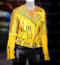 New Women&#39;s Yellow Silver Spiked Studded Punk Cowhide Biker Leather Jack... - £258.89 GBP