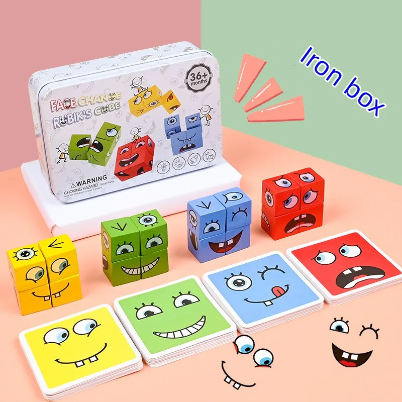 Face Changing Building Blocks Cartoon Cube Board Game Wooden Puzzle Montessori - £12.01 GBP